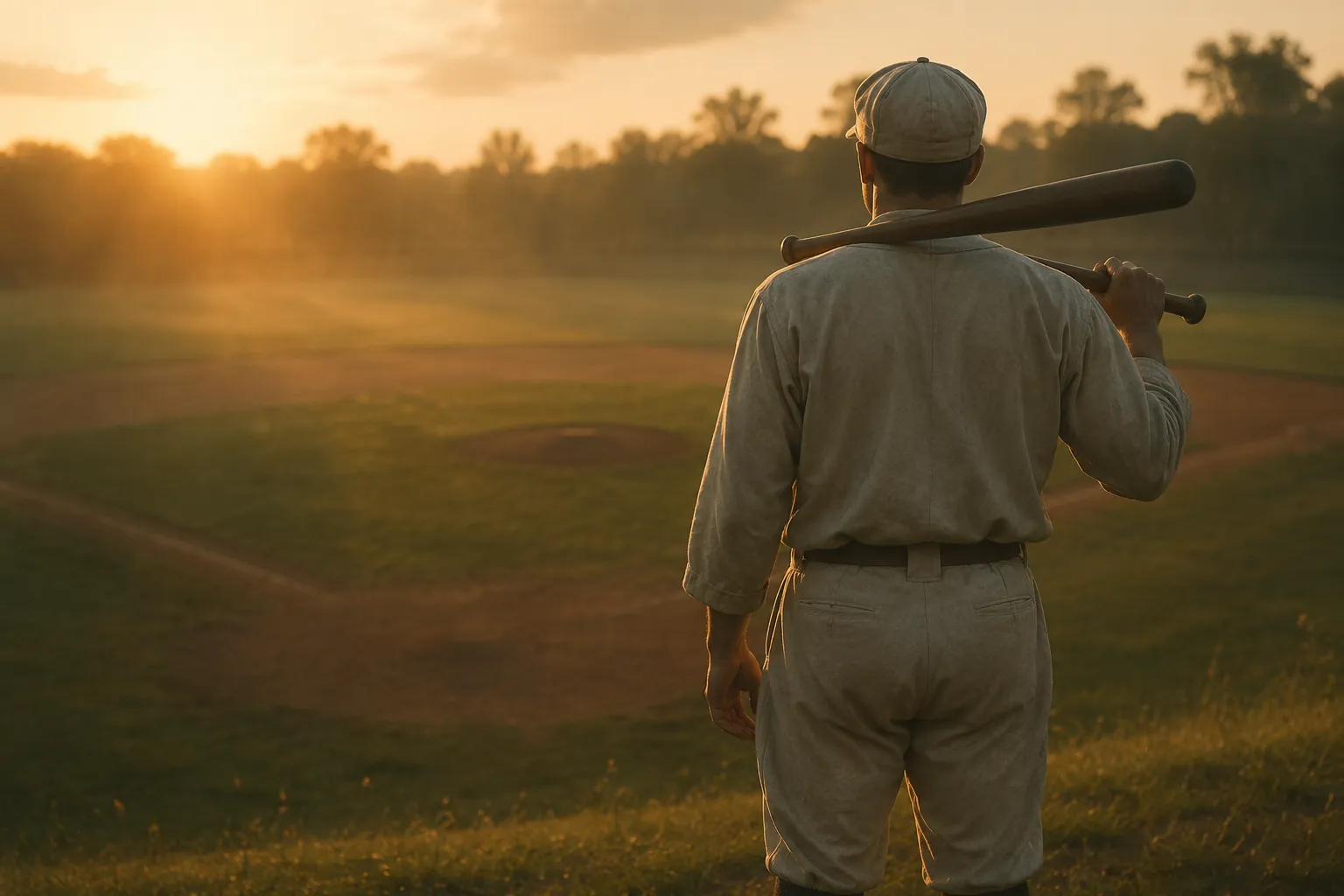 Field of Dreams development — a lone ballplayer in a vintage flannel uniform looking over an empty baseball field at sunset